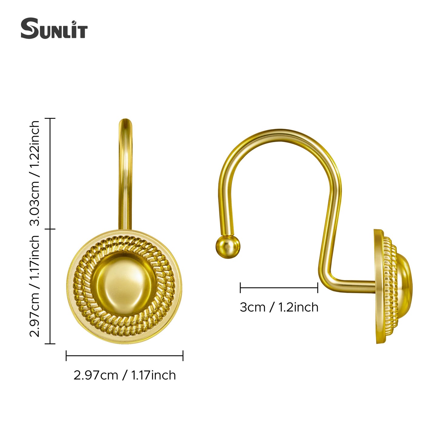 Sunlit Gold Shower Curtain Hooks, Square Metal Home Decorative Shower Curtain Rings for Bathroom, Modern Shower Curtain Hangers Bathroom Accessories, Set of 12