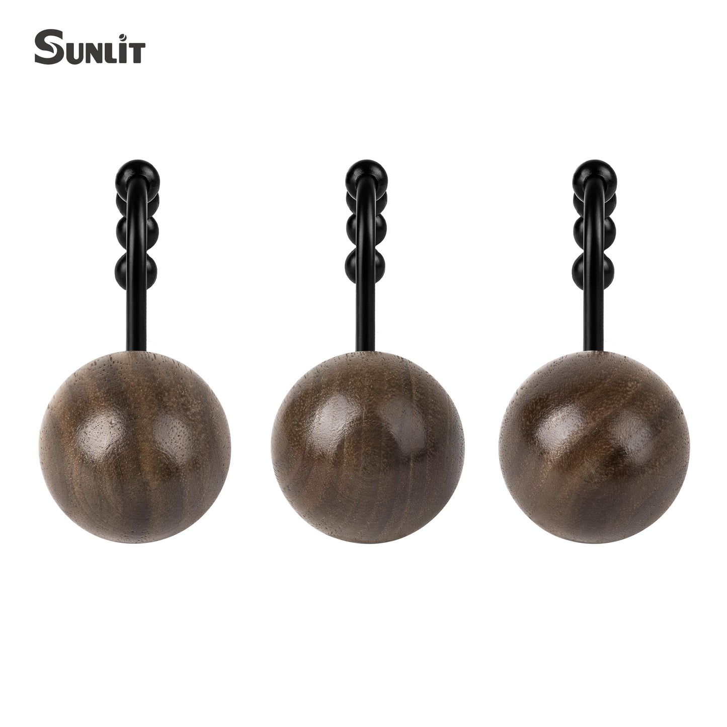 Sunlit Boho Wood Beads Decorative Shower Curtain Hooks, Shower Curtain Rings with Roller Balls, Farmhouse Bathroom Decoration Curtain Hangers Accessories, Set of 12, Walnut Wood
