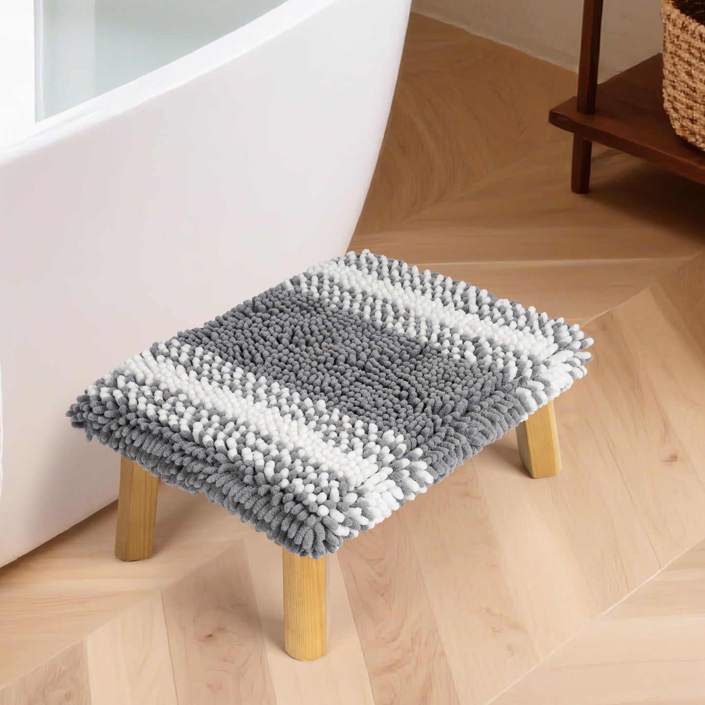 Sunlit One Step Stool with Absorbent Chenille, Stool Holds up to 550 lbs, Non-Slip Wood Foot Stool, Wooden Step Stool for Adults, Step Stools for Kids, Kitchen Bathroom Bedroom, Taupe