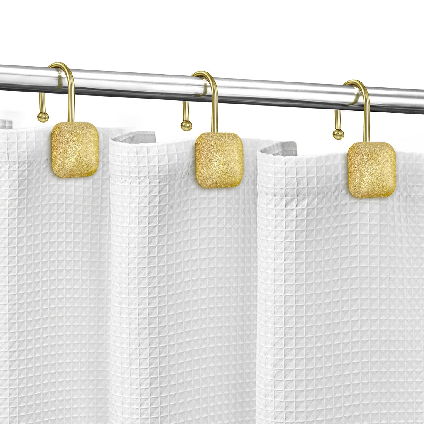 Sunlit Gold Shower Curtain Hooks, Square Metal Home Decorative Shower Curtain Rings for Bathroom, Modern Shower Curtain Hangers Bathroom Accessories, Set of 12