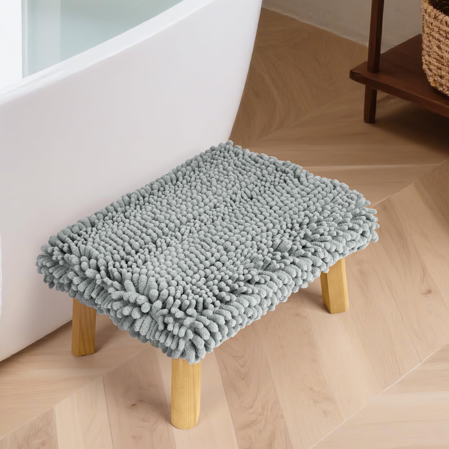 Sunlit One Step Stool with Absorbent Chenille, Stool Holds up to 550 lbs, Non-Slip Wood Foot Stool, Wooden Step Stool for Adults, Step Stools for Kids, Kitchen Bathroom Bedroom, Taupe