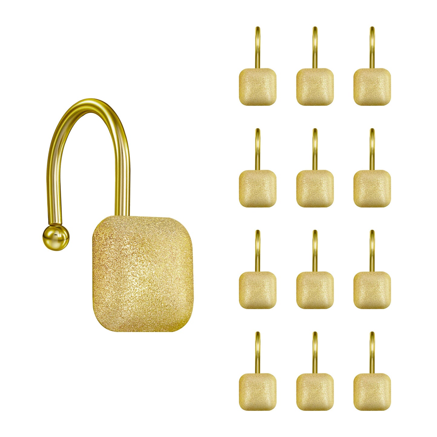 Sunlit Gold Shower Curtain Hooks, Square Metal Home Decorative Shower Curtain Rings for Bathroom, Modern Shower Curtain Hangers Bathroom Accessories, Set of 12