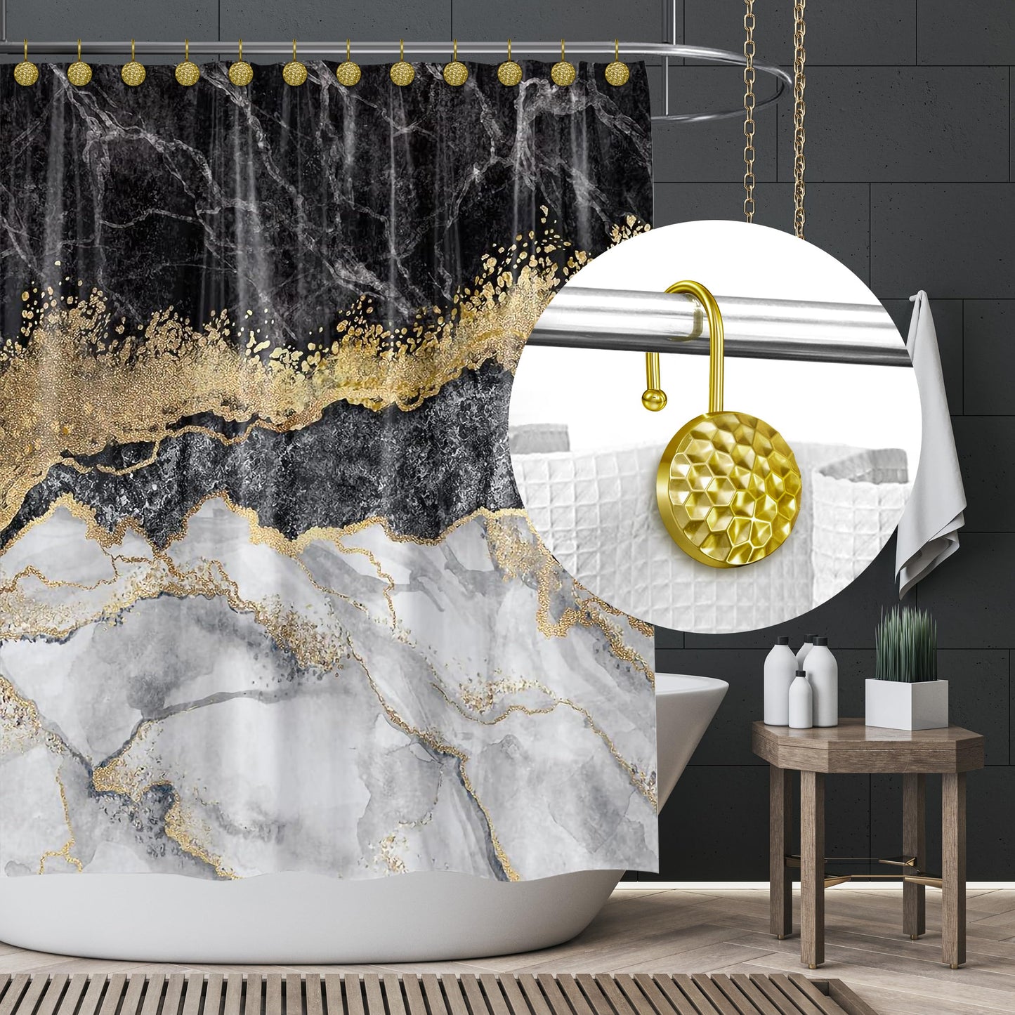 Sunlit Gold Shower Curtain Hooks, Square Metal Home Decorative Shower Curtain Rings for Bathroom, Modern Shower Curtain Hangers Bathroom Accessories, Set of 12