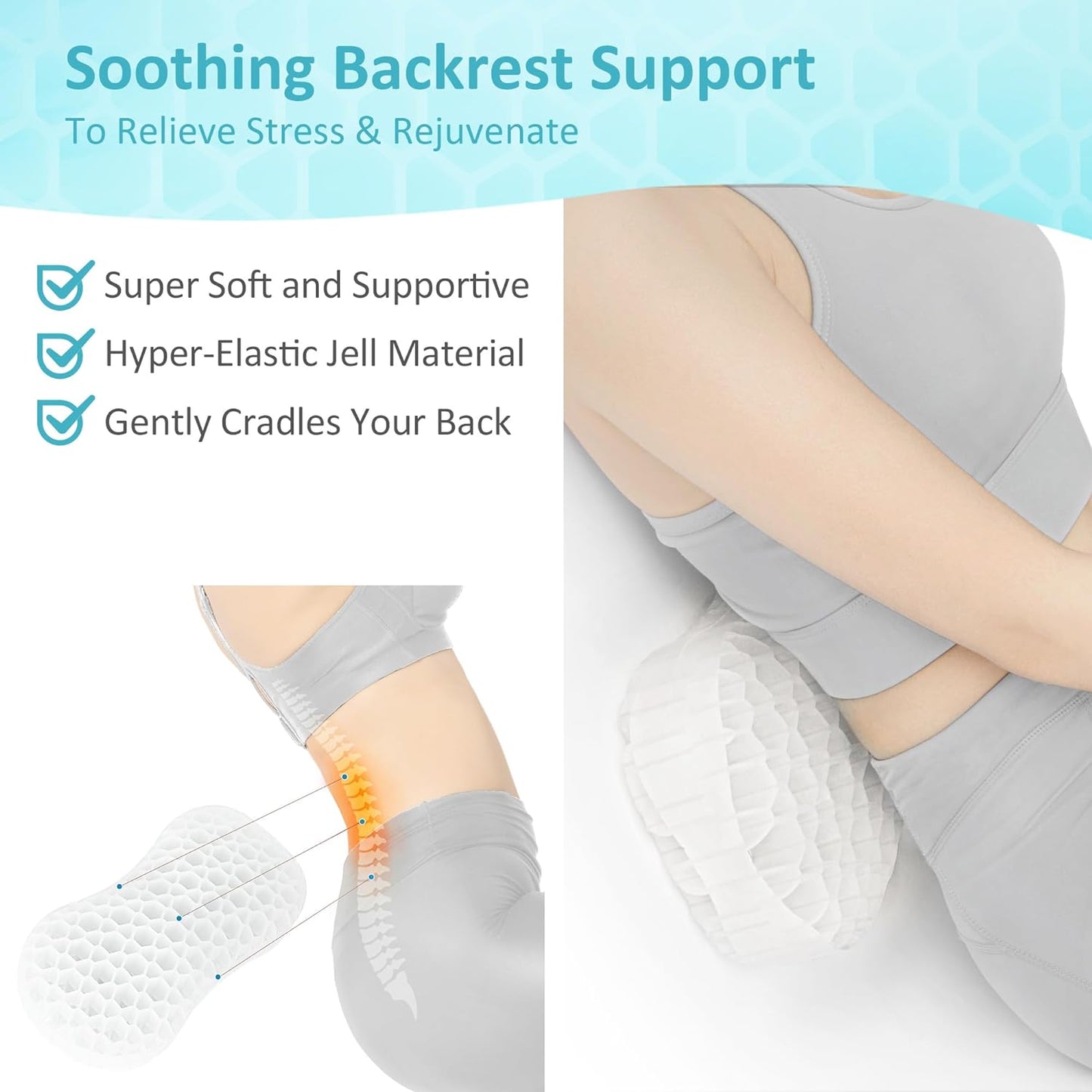 Sunlit Bath Jello Mini Gel Bath Pillows, Lumbar Pillow for Bathtub, Back Support Pillow, Gel Pillow with Non-Slip Suction Cups for Lumbar, Back Rest Support, Fits Curved or Straight Back Tubs, Aqua