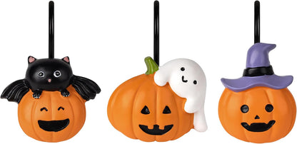 Sunlit Halloween Jack-O'-Lantern Shower Curtain Hooks, Home Decorative Ghost Shower Curtain Rings for Bathroom, Cat Shower Curtain Hangers Bathroom Accessories, Set of 12
