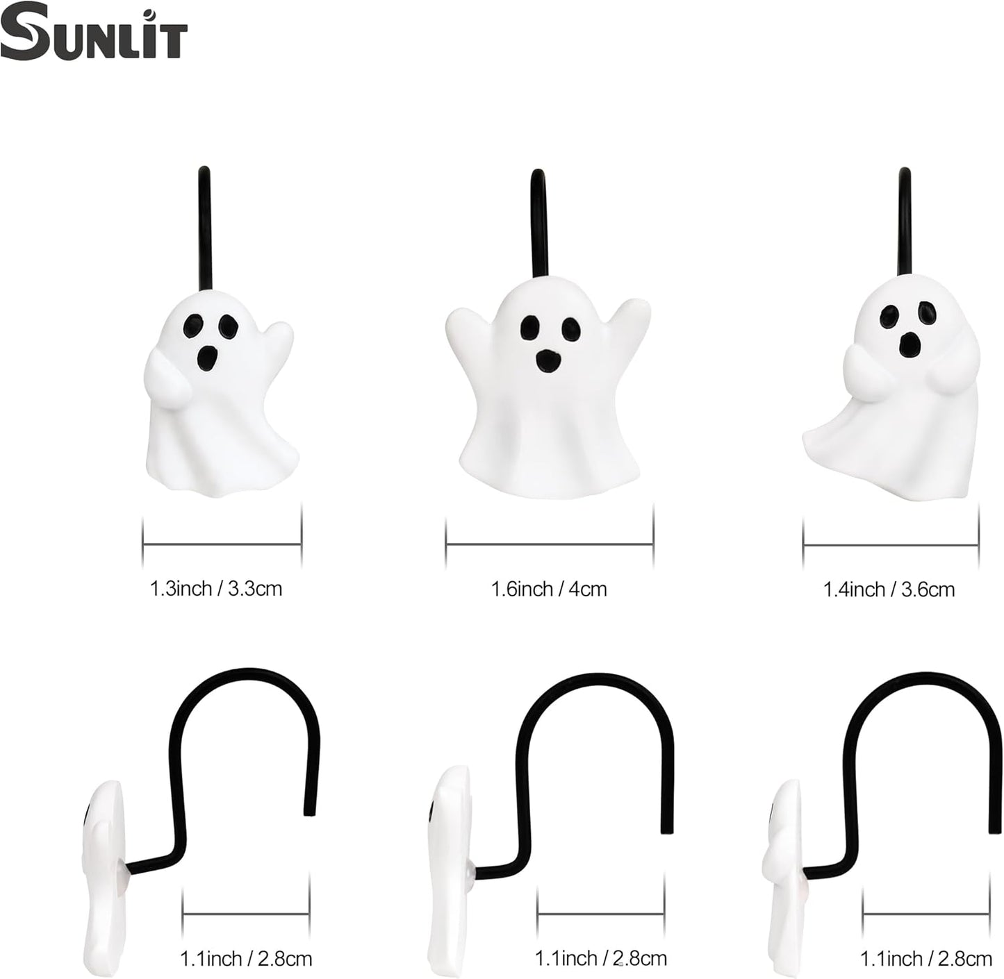 Sunlit Ghost Shower Curtain Hooks, Home Decorative Shower Curtain Rings for Bathroom, Halloween Shower Curtain Hangers Bathroom Accessories, Set of 12