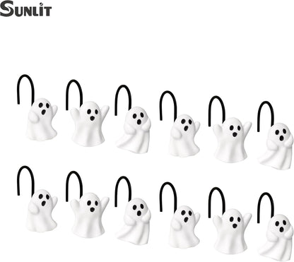 Sunlit Ghost Shower Curtain Hooks, Home Decorative Shower Curtain Rings for Bathroom, Halloween Shower Curtain Hangers Bathroom Accessories, Set of 12