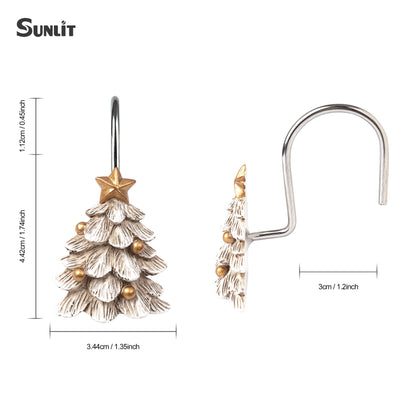 Sunlit Christmas Tree Decorative Shower Curtain Hooks with Star, Green Shower Curtain Rings, Resin, Xmas Theme Winter Holiday Bathroom Decoration, Set of 12
