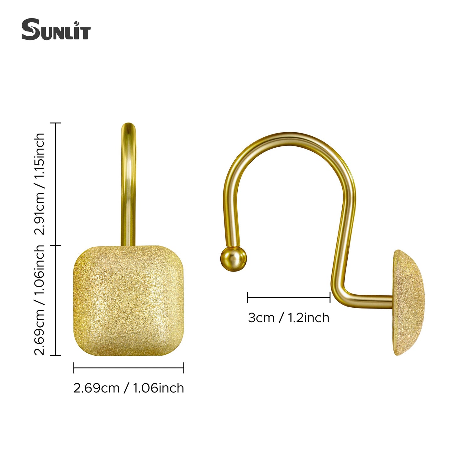 Sunlit Gold Shower Curtain Hooks, Square Metal Home Decorative Shower Curtain Rings for Bathroom, Modern Shower Curtain Hangers Bathroom Accessories, Set of 12