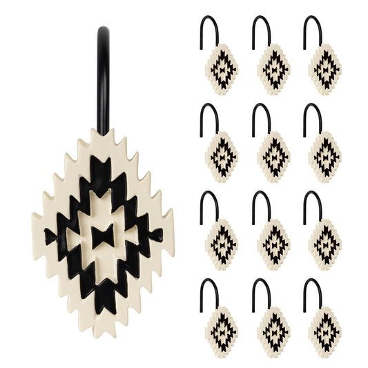 Sunlit Western Shower Curtain Hooks, Aztec Tribal Shower Curtain Hanger Hooks, Decorative Resin Rustic Geometric Curtain Rings for Bathroom, Set of 12, Black and Cream White
