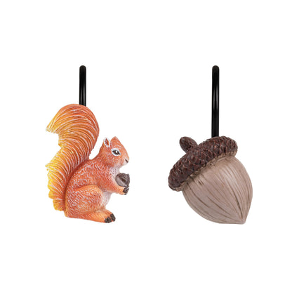Sunlit Fall Autumn Decorative Shower Curtain Hooks, Squirrel Acorn Shower Curtain Rings, Resin, Orange Brown Cute Bathroom Curtain Hangers Decoration, Set of 12
