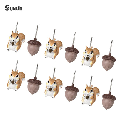 Sunlit Fall Autumn Decorative Shower Curtain Hooks, Squirrel Acorn Shower Curtain Rings, Resin, Orange Brown Cute Bathroom Curtain Hangers Decoration, Set of 12