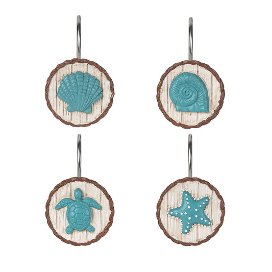 Sunlit Ocean Decorative Shower Curtain Hooks, Sea Turtle Spiral Shell Starfish Conch Shower Curtain Rings, Resin, Nautical Farmhouse Bathroom Decoration Beach Shower Curtain Hooks-12 Pack, Navy