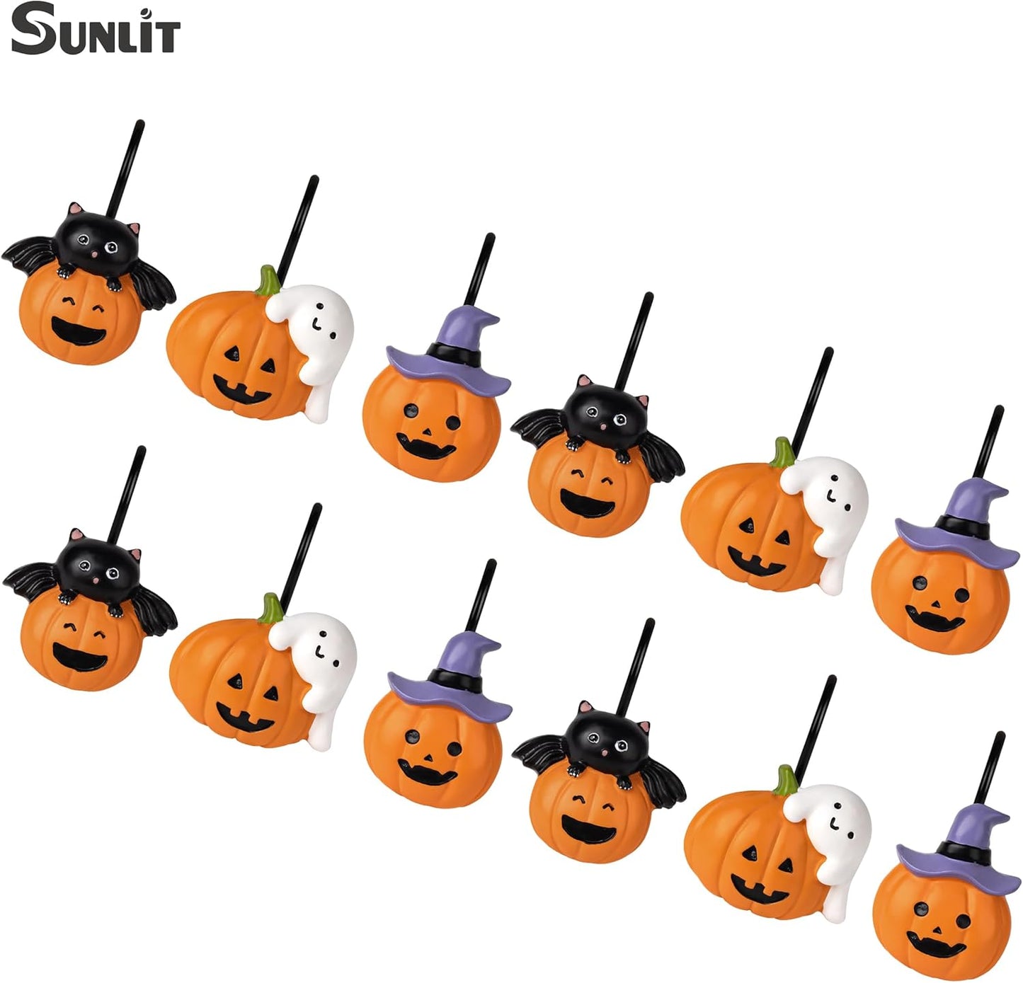 Sunlit Halloween Jack-O'-Lantern Shower Curtain Hooks, Home Decorative Ghost Shower Curtain Rings for Bathroom, Cat Shower Curtain Hangers Bathroom Accessories, Set of 12