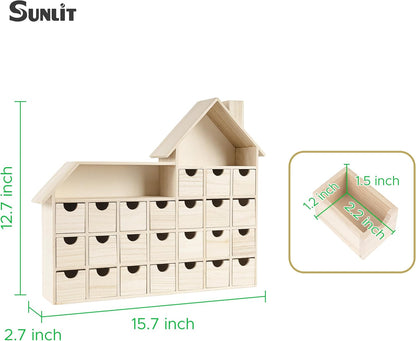 Sunlit Christmas Wooden Advent Calendar with Drawers, Unfinished Wooden, Chalet Shaped Countdown Calendar Ready to Decorate and Personalize | Craft Storage Box | DIY Guru and Crafters