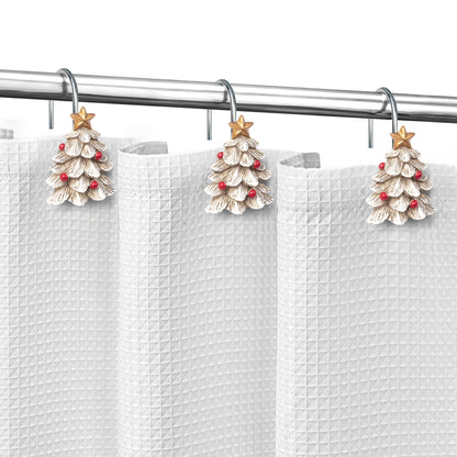Sunlit Christmas Tree Decorative Shower Curtain Hooks with Star, Green Shower Curtain Rings, Resin, Xmas Theme Winter Holiday Bathroom Decoration, Set of 12