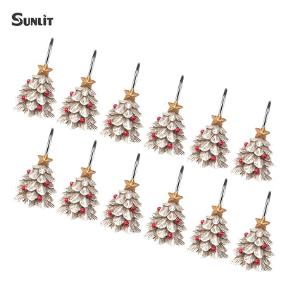 Sunlit Christmas Tree Decorative Shower Curtain Hooks with Star, Green Shower Curtain Rings, Resin, Xmas Theme Winter Holiday Bathroom Decoration, Set of 12