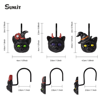 Sunlit Halloween Black Cat Shower Curtain Hooks, Home Decorative Shower Curtain Rings for Bathroom, Halloween Shower Curtain Hangers Bathroom Accessories, Set of 12, Wizard Cat