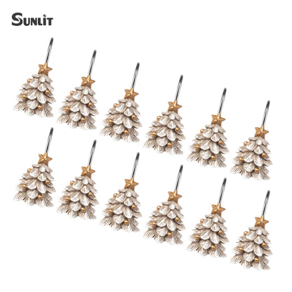 Sunlit Christmas Tree Decorative Shower Curtain Hooks with Star, Green Shower Curtain Rings, Resin, Xmas Theme Winter Holiday Bathroom Decoration, Set of 12