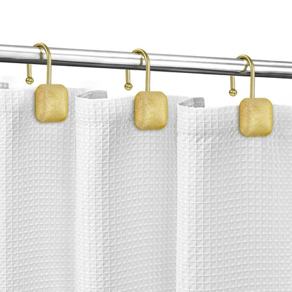 Sunlit Gold Shower Curtain Hooks, Square Metal Home Decorative Shower Curtain Rings for Bathroom, Modern Shower Curtain Hangers Bathroom Accessories, Set of 12
