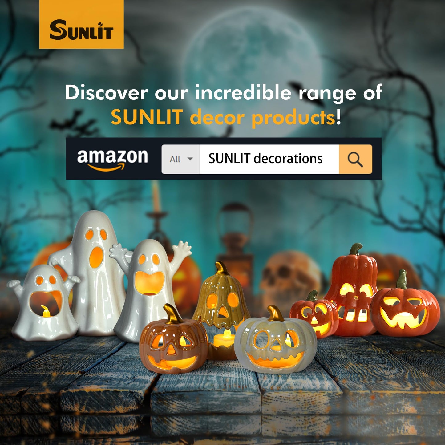 Sunlit Ceramic Ghost with 3 Tea Lights, Spooky Candle Holder Set of 3, Tabletop Indoor Halloween Decorations for Holiday Party Home, Spooky Sculptures Ghost Figurines, White