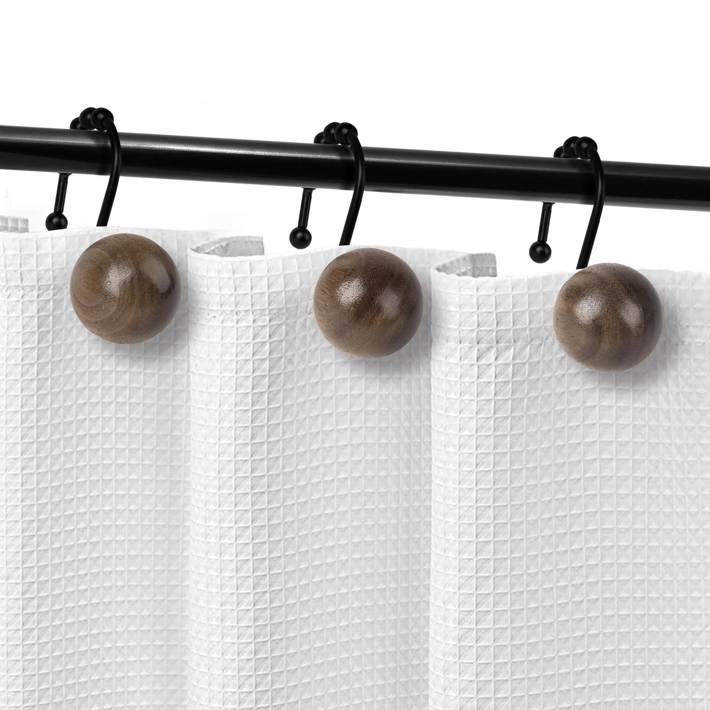 Sunlit Boho Wood Beads Decorative Shower Curtain Hooks, Shower Curtain Rings with Roller Balls, Farmhouse Bathroom Decoration Curtain Hangers Accessories, Set of 12, Walnut Wood