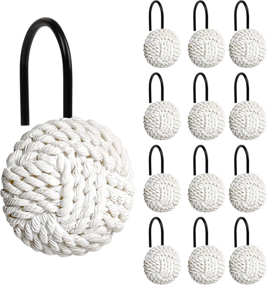 Sunlit Boho Knots Double Shower Curtain Hooks, Home Decorative Shower Curtain Rings for Bathroom, Seaside Nautical Shower Curtain Hangers Bathroom Accessories, Set of 12