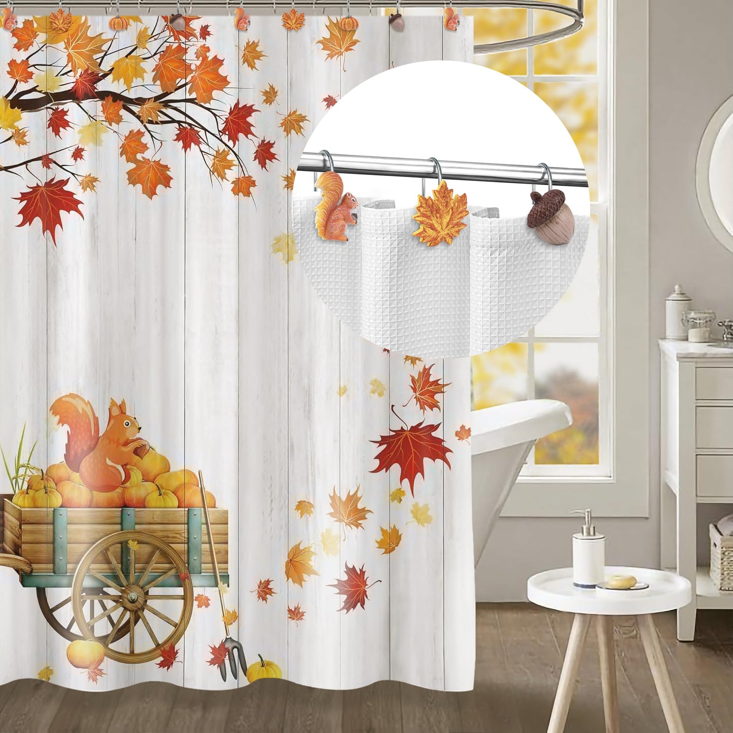 Sunlit Fall Autumn Decorative Shower Curtain Hooks, Squirrel Acorn Shower Curtain Rings, Resin, Orange Brown Cute Bathroom Curtain Hangers Decoration, Set of 12
