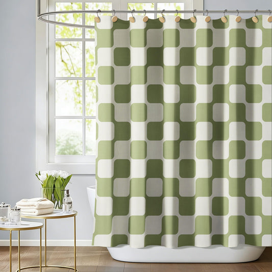 Sunlit Retro Checkered Faux Linen Fabric Shower Curtain, Beige Geometric Design with Organic Rounded Grid Pattern, Mid-Century Modern Bathroom Decor, 72" x 72"