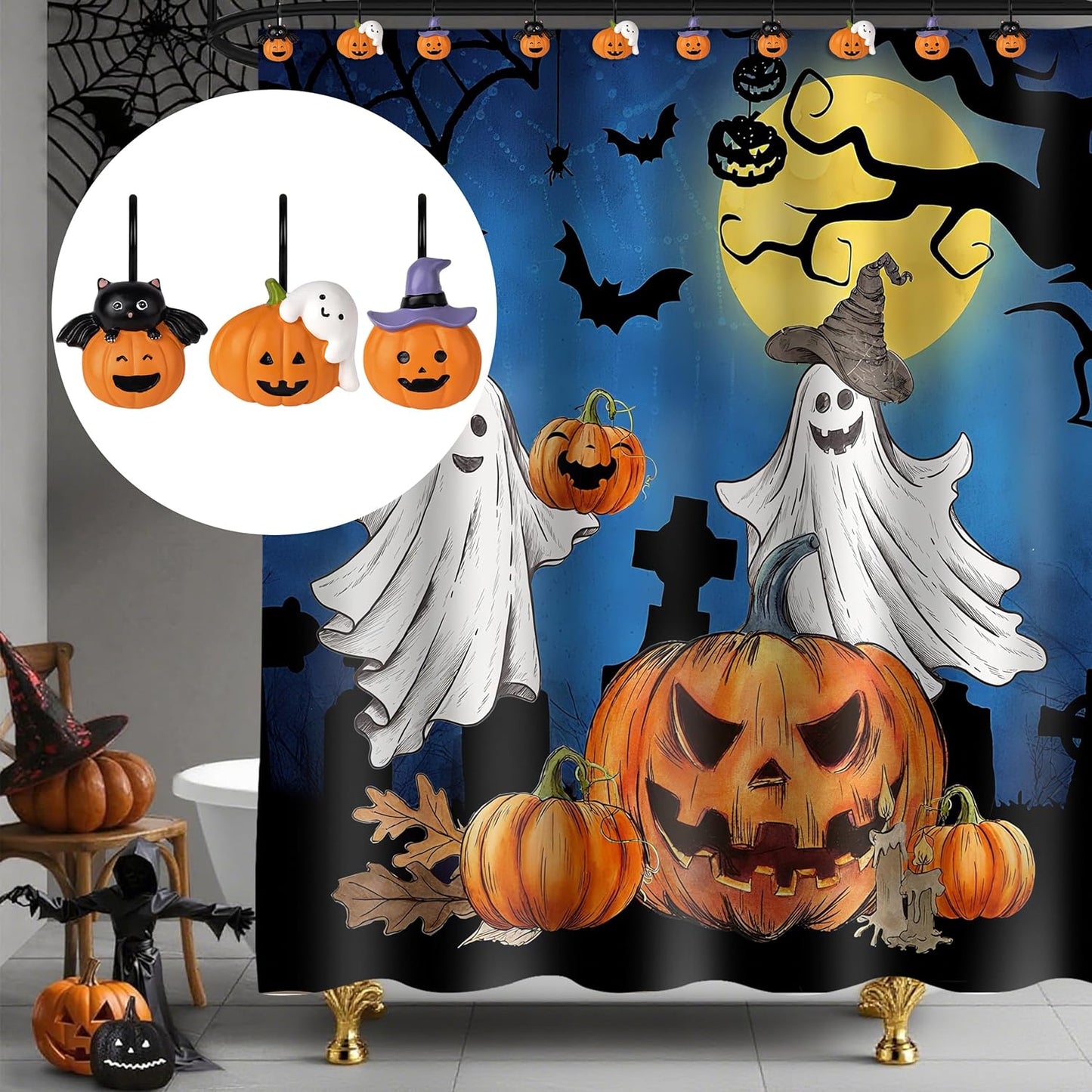 Sunlit Halloween Jack-O'-Lantern Shower Curtain Hooks, Home Decorative Ghost Shower Curtain Rings for Bathroom, Cat Shower Curtain Hangers Bathroom Accessories, Set of 12