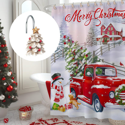 Sunlit Christmas Tree Decorative Shower Curtain Hooks with Star, Green Shower Curtain Rings, Resin, Xmas Theme Winter Holiday Bathroom Decoration, Set of 12