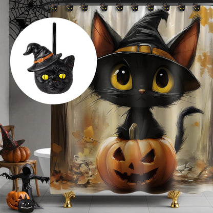 Sunlit Halloween Black Cat Shower Curtain Hooks, Home Decorative Shower Curtain Rings for Bathroom, Halloween Shower Curtain Hangers Bathroom Accessories, Set of 12, Wizard Cat
