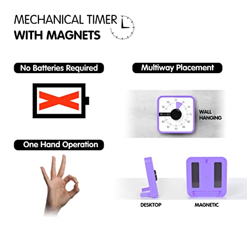 TWENTY5 SEVEN Countdown Timer 7.5 inch; 60 Minute 1 Hour Visual Timer – Classroom Teaching Tool Office Meeting, Mechanical Countdown Clock for Kids Exam Time Management Magnetic, Purple