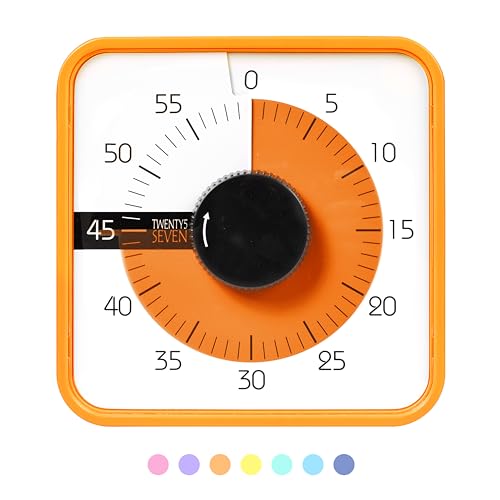 TWENTY5 SEVEN Countdown Timer 7.5 inch; 60 Minute 1 Hour Visual Timer – Classroom Teaching Tool Office Meeting, Mechanical Countdown Clock for Kids Exam Time Management Magnetic, Orange