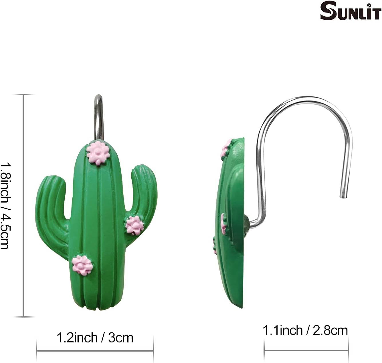 Sunlit Tropical Cactus Decorative Shower Curtain Hooks, Green Cactus Flowers Blossom Shower Curtain Rings, Resin, Summer Bathroom Decoration - 12 Pack