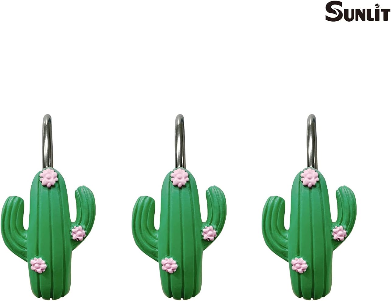 Sunlit Tropical Cactus Decorative Shower Curtain Hooks, Green Cactus Flowers Blossom Shower Curtain Rings, Resin, Summer Bathroom Decoration - 12 Pack