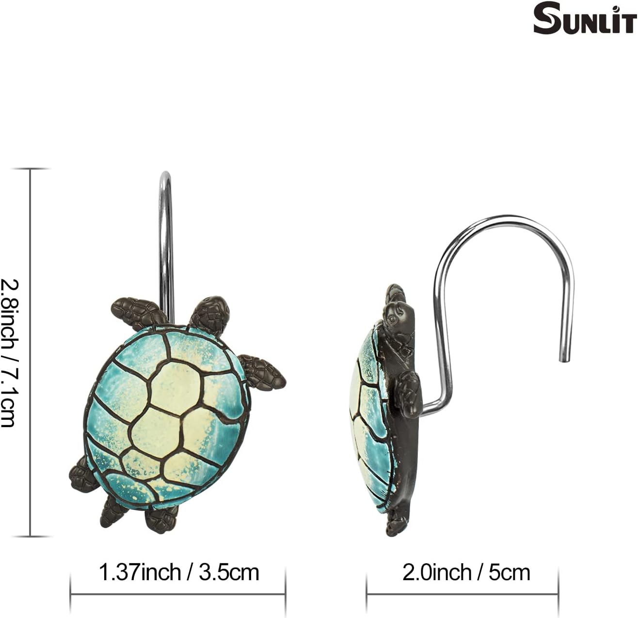Sunlit Sea Turtle Shower Curtain Hooks, Home Decorative Shower Curtain Rings for Bathroom, Resin, Ocean Shower Curtain Hanger Hooks for Kid Room Living Room, Set of 12