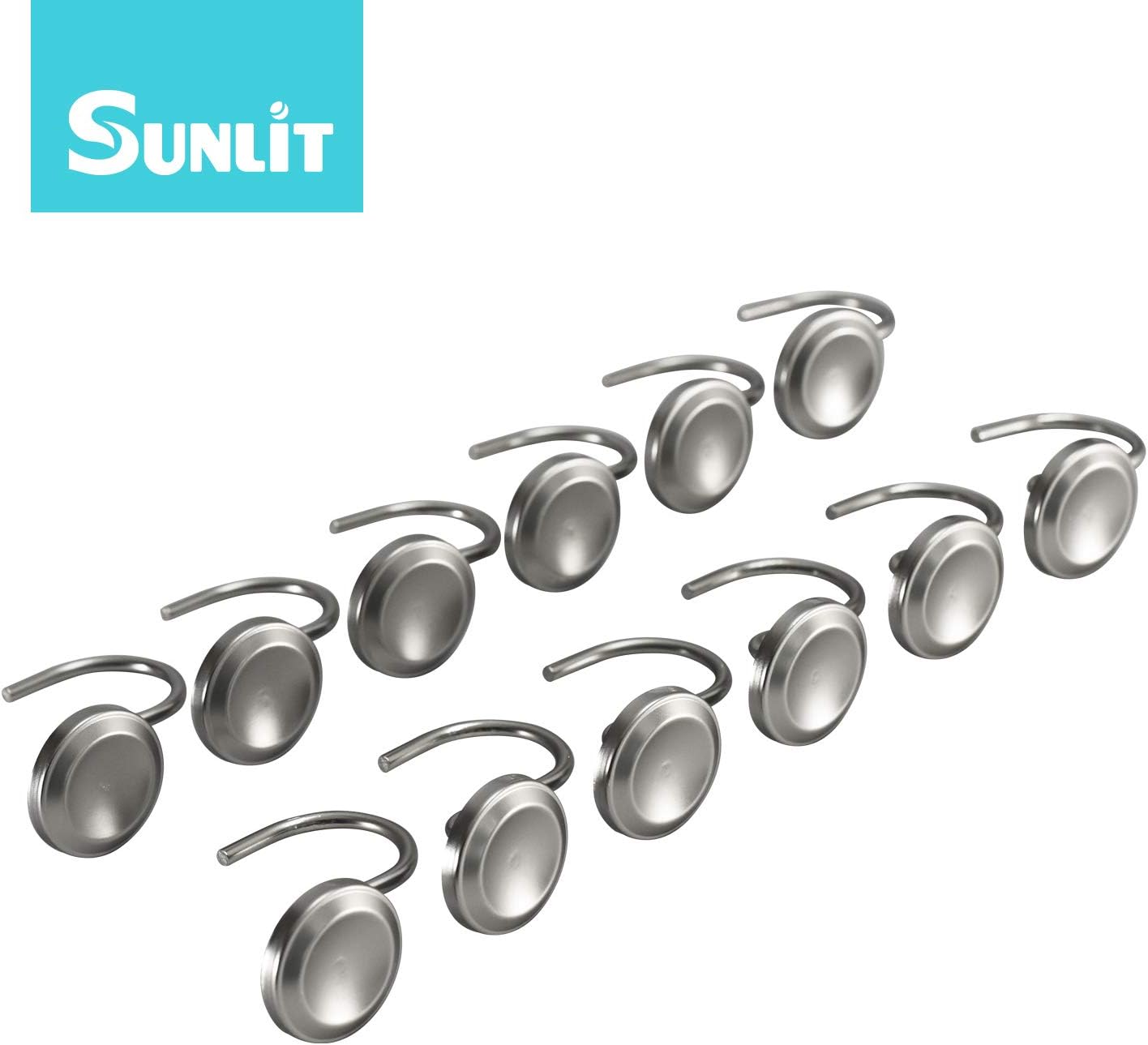 Sunlit Luxury Design Brushed Nickel Oval Shower Curtain Hooks Rust Proof Oil Rubbed Metal Shower Curtain Rings - Satin Matte Silver - 12 Pack
