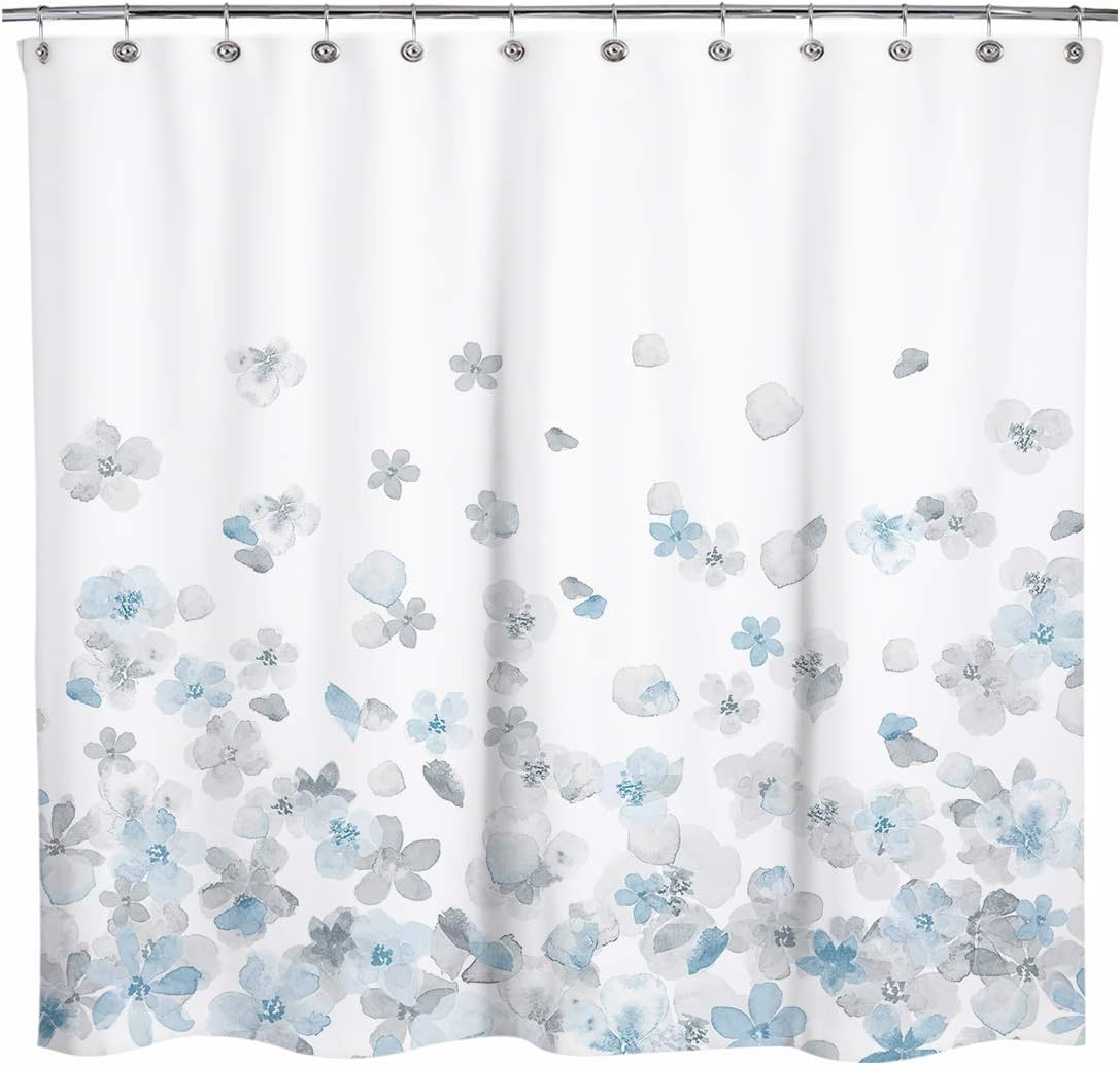 Sunlit Design Simple Style Blue and Gray Flower Blossoms Fabric Shower Curtains for Bathroom Decor with White Background, Machine Washable