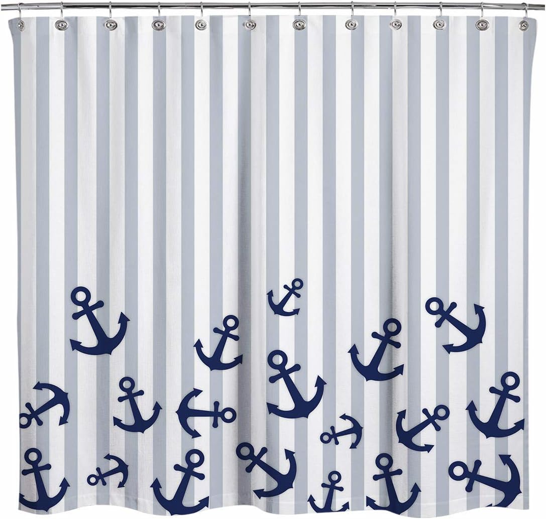 Sunlit Nautical Fabric Shower Curtain, Navy Blue Anchor with Gray Stripes Shower Curtains, Nautical Ocean Bathroom Decoration Curtains