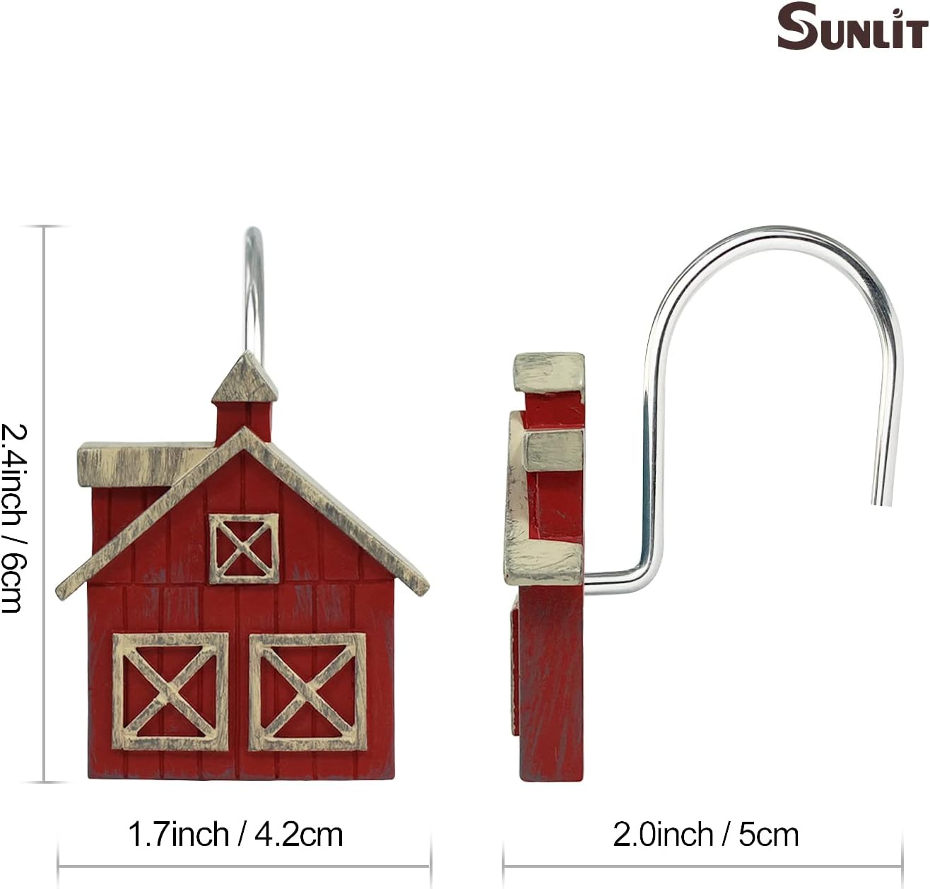 Sunlit Farmhouse Barn Christmas Shower Curtain Hooks, Rustic Red House Decorative Shower Curtain Rings, Resin, Wooden Plank Rural Country Bathroom Decoration Shower Curtain Hooks-12 Pack