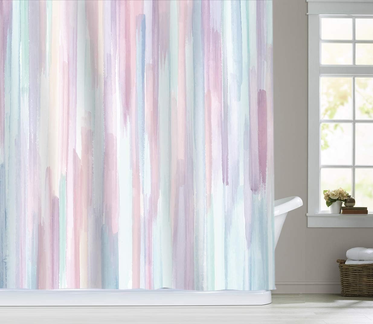 Sunlit Design Watercolor Painting with Macaron Pink and Blue Fabric Shower Curtain, Gouache Style Bathroom Decoration Curtains, Machine Washable