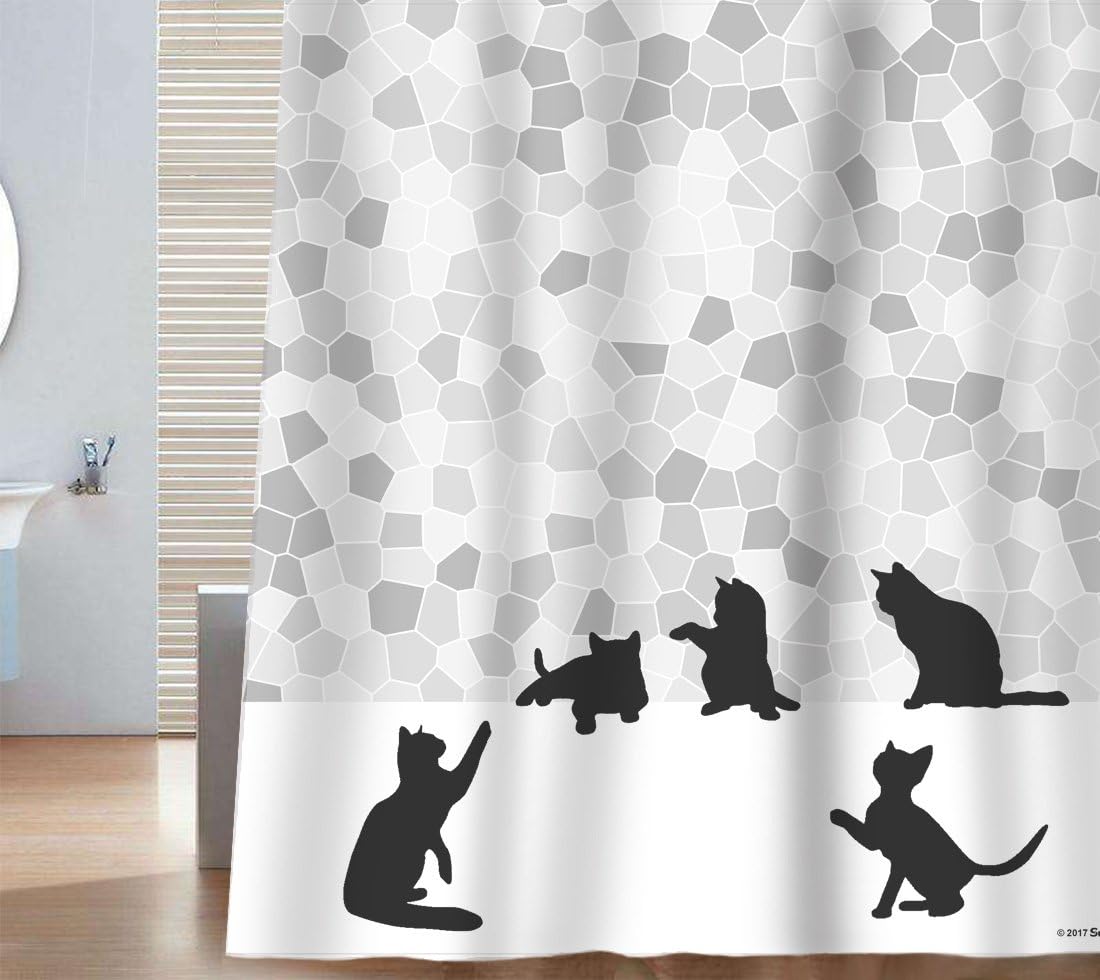 Sunlit Design Black Cat Silhouette and Gray Mosaic Fabric Shower Curtain. Grey and White