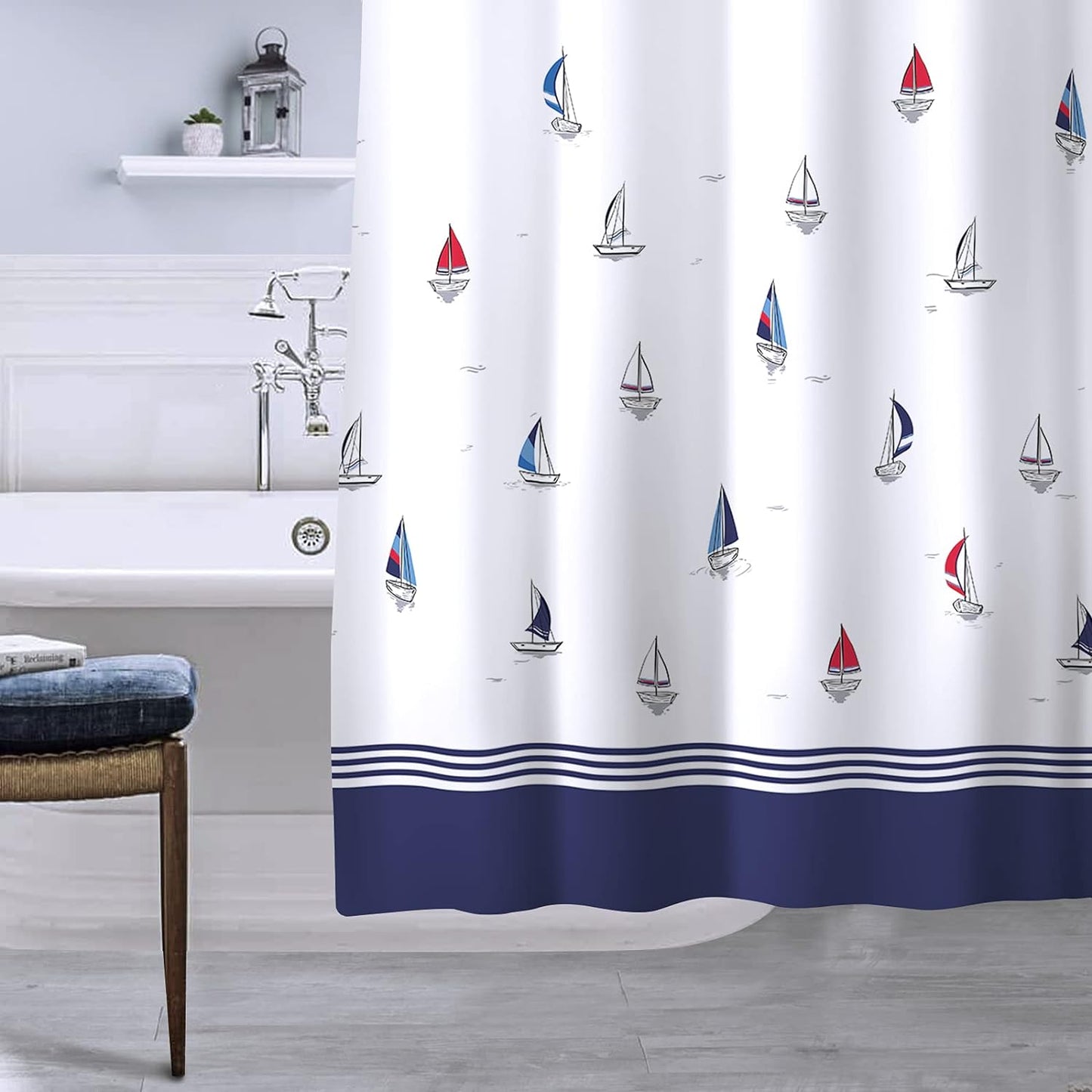Sunlit Design Nautical Theme Fabric Shower Curtain, Navy Blue and Sailboats Color Block Stripes Shower Curtains Bathroom Decor Tapestry for Boys Children