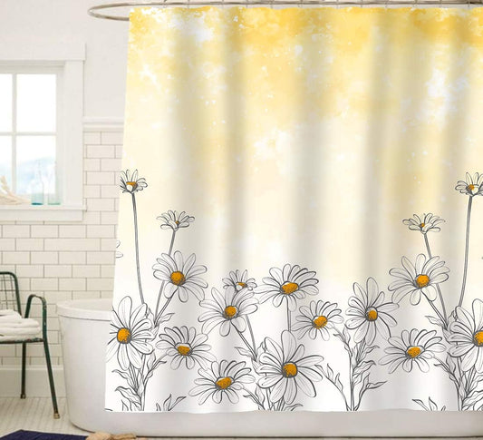 Sunlit Cortinas de ducha de tela de flores de diseño, hermosa decoración de baño de flor de margarita con fondo amarillo