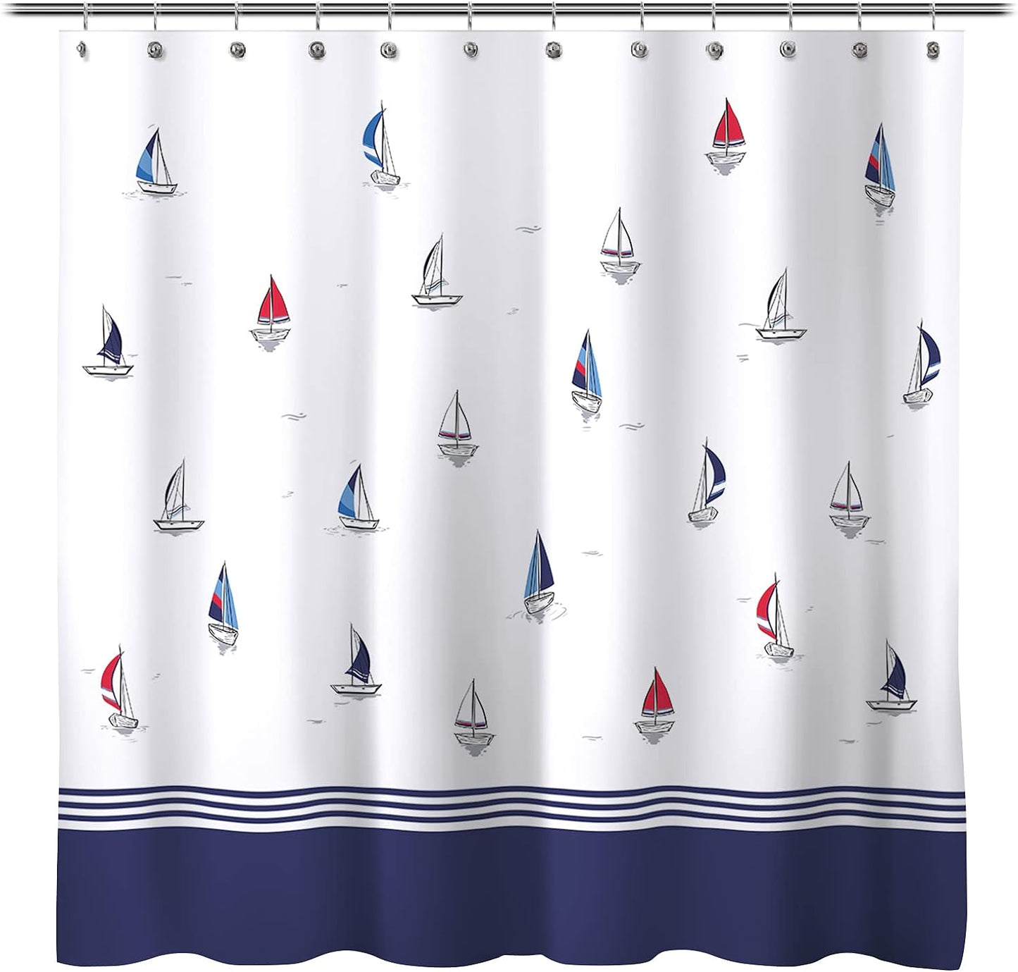 Sunlit Design Nautical Theme Fabric Shower Curtain, Navy Blue and Sailboats Color Block Stripes Shower Curtains Bathroom Decor Tapestry for Boys Children