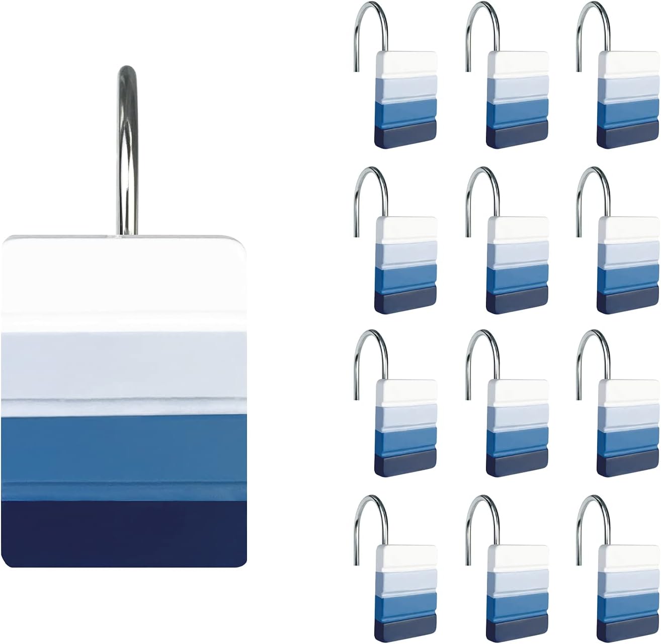 Sunlit Ombre Blue Decorative Shower Curtain Hooks, Blue Navy Shower Curtain Rings, Resin, Bathroom Decoration Stripes Shower Curtain Hooks-12 Pack