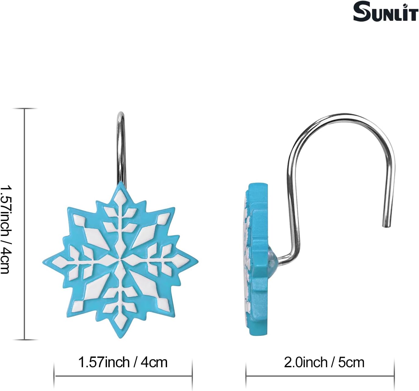 Sunlit Christmas Shower Curtain Hooks Snowflakes Shower Curtain Rings, Resin, Blue and White Christmas Decor, Winter Bathroom Decoration - 12 Pack