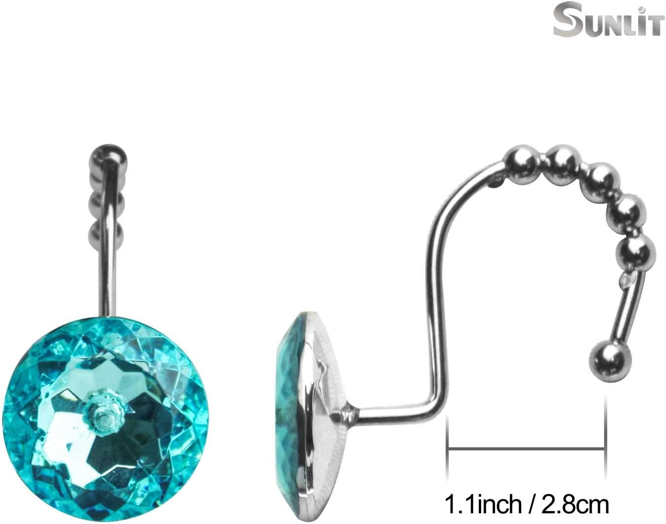 Sunlit Luxury Design Round Teal Blue Diamond Crystal Gem Bling with Glide Balls Shower Curtain Hooks for Mermaid Shower Curtains, Rust Proof Metal Rhinestones Glam Shower Curtain Rings-12 Pack
