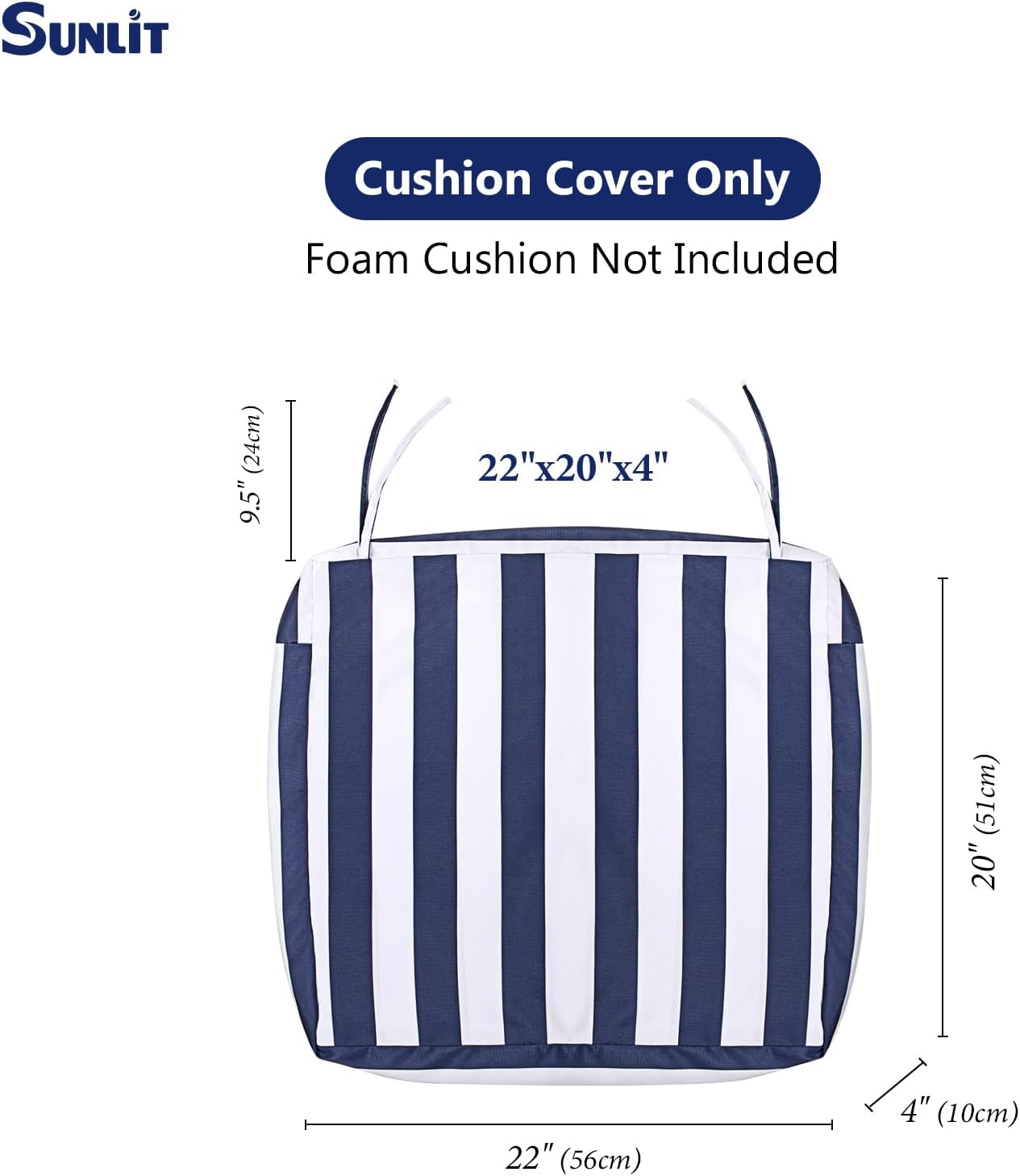 Sunlit Outdoor Cushion Covers, Replacement Cover Only, 4 Pack Water-Repellent Patio Chair Seat Slipcovers with Zipper and Tie, 22" x 20" x 4", Stripe, Navy Blue White